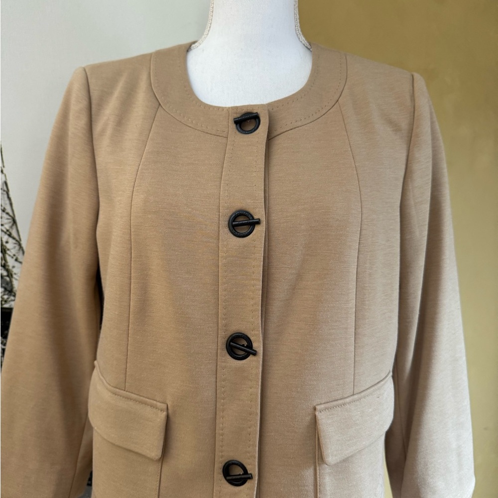 Calvin Klein Tan Collarless Button Jacket with Black Buttons - Picture 2 of 4